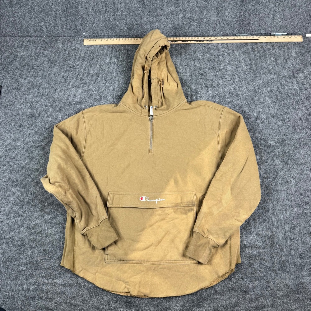Champion Hoodie Mens Size XL Tan Reverse Weave Quarter Zip Raw Hem Pullover